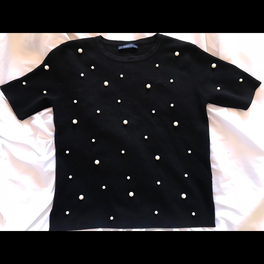 zara black knit top with pearls S